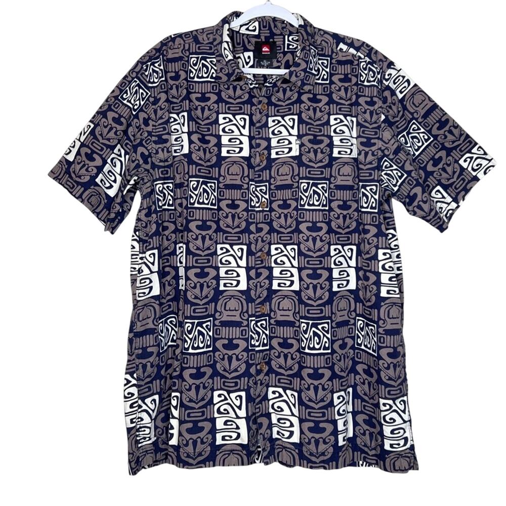 Quiksilver Mens Shirt XL Tiki Tribal Aztec Geometric Hawaiian Camp Button Up Y2K